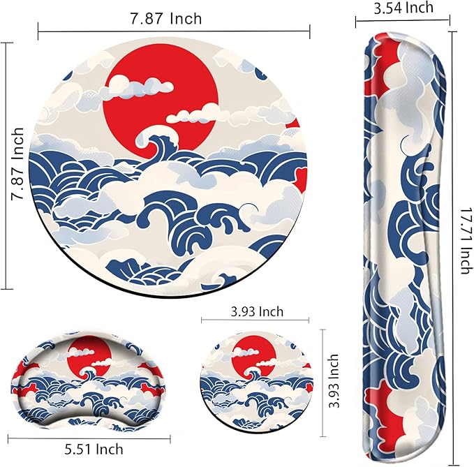 Sea Wave Keyboard Wrist Rest and Mouse Pad with Wrist Support Memory Foam Keyboard Rest Wrist Pad Set for Computer Ergonomic Mousepad Carpal Tunnel Typing Pain Relief Non-Slip Base
