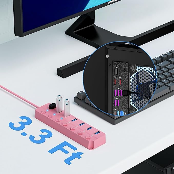 USB Hub 3.0, 7-Port USB Hub Splitter with Individual On/Off Switches and Lights, 3.2ft/1m Long Cable Compatible with MacBook, Laptop, Surface Pro, PS4, PC, Flash Drive, Mobile HDD-Pink