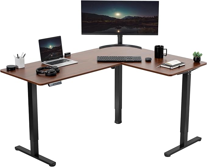 VIVO Corner Standing Desk, 63 x 47 inch Reversible L-Shaped Workstation, Electric Height Adjustment, Home, Office, and Reception Rooms, Dark Walnut Table Top Black Frame, DESK-E3CTD-47
