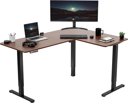 VIVO Corner Standing Desk, 63 x 47 inch Reversible L-Shaped Workstation, Electric Height Adjustment, Home, Office, and Reception Rooms, Dark Walnut Table Top Black Frame, DESK-E3CTD-47