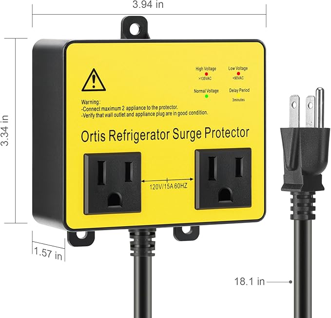Refrigerator Surge Protector, Ortis Double Outlet Voltage Protector for Home Appliances with Time Delay, 5ft Power Cord, Protects Against Brownout, Spike, Instant Surge All Voltage Abnormalities