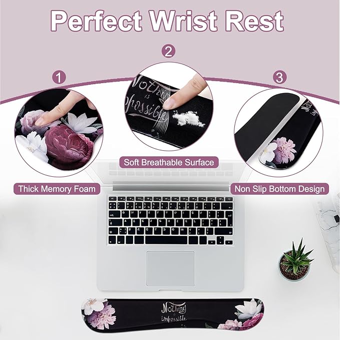 MEGREZ 4-in-1 Ergonomic Memory Foam Wrist Rest Set, Desk Pad, Mouse Pad with Wrist Rest, Keyboard Pad, Suitable for Office Workers, Programmers & Gamers–Relieve Typing & Gaming Fatigue, Black
