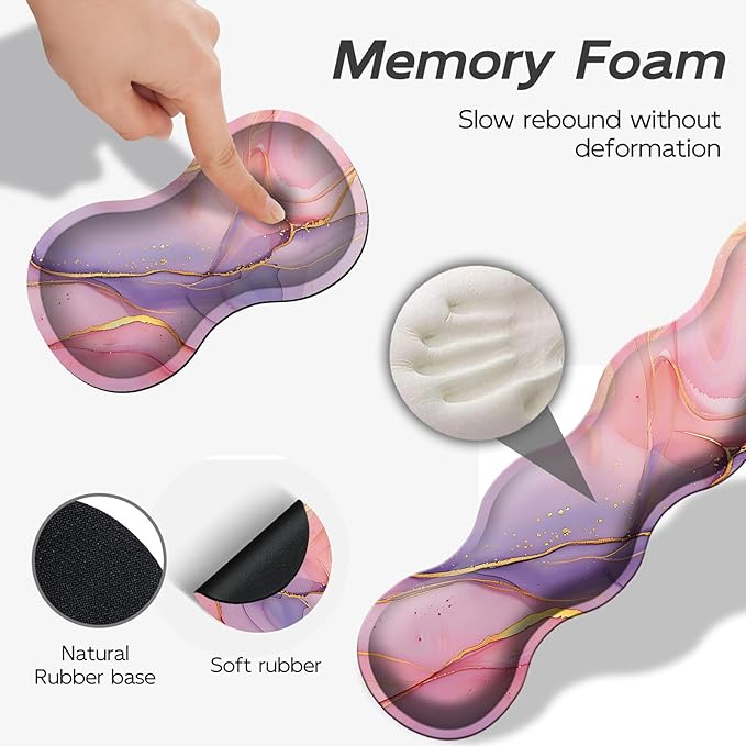 Gaming Mouse Pad Set, Pink Gold Marble Large Desk Mat Mousepad, Keyboard Wrist Support, Mouse Wrist Rest, Coaster 4in1 Ergonomic Memory Foam, Non-Slip Stitched Edge for Home Office