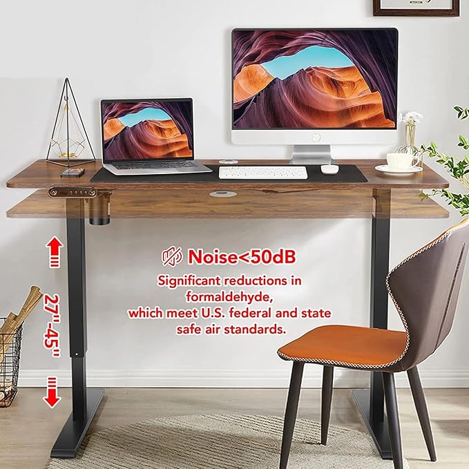 Electric Standing Desk, 48'' X 24'' Adjustable Height Desk, Ergonomic Home Office Computer Workstations, 27''-46'' Lifting Range Stand Up Desk with Wheels and Double Hooks, Easy to Move(Brown)