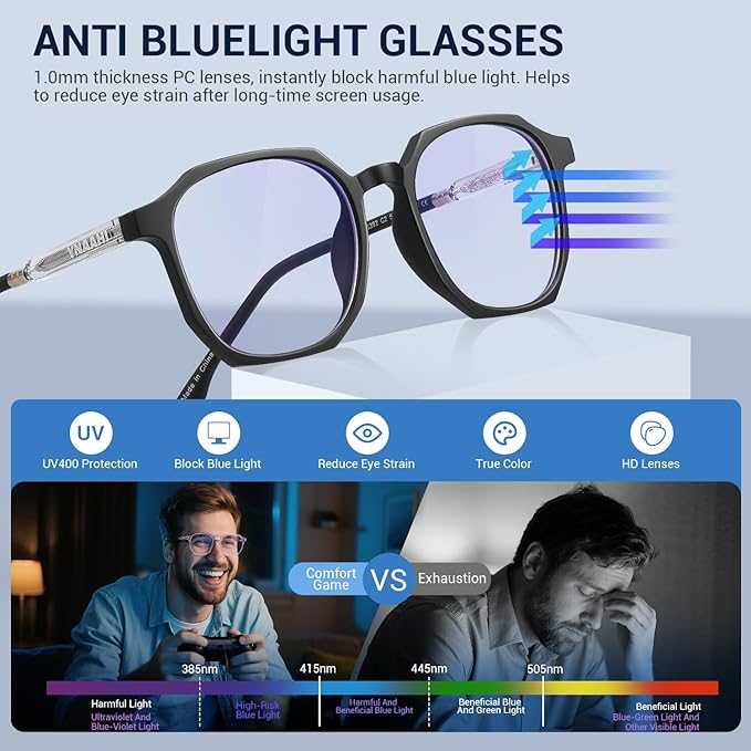Blue Light Glasses for Men Women, 99% Blue Light Blocker, UV Protection. Ideal for Computer Use, Gaming, Reading.