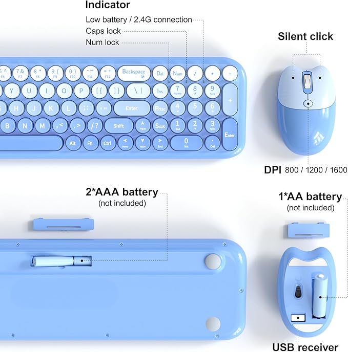 Wireless Keyboard and Mouse Combo, MOWUX Compact Typewriter Retro Round Computer Keyboard, Cute Optical Mouse Wireless, Plug and Play, for Laptop, PC, Computer- Blue Gradient