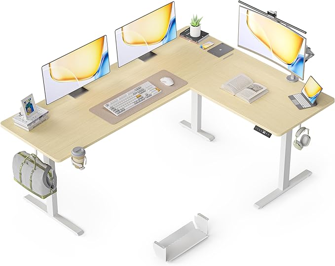 75X61 Inches Reversible L Shaped Standing Desk Height Adjustable, Electric Corner Computer Desk with Cup Holder, Sit Stand up Home Office Desk, Ergonomic Gaming Desk, Oak