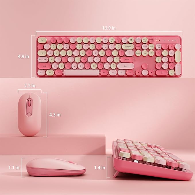 Wireless Keyboard and Mouse Combo, Round Keycaps, Retro Typewriter Keyboard Silent, Auto Sleep, 2.4G Wireless Connection for PC/Windows/Mac (Pink)