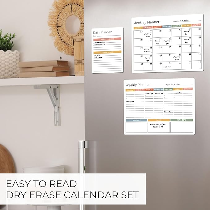 Beautiful Magnetic Dry Erase Calendar Set of 3 - Easy-to-Erase Whiteboard with Marker & Premium Magnet for Your Fridge - The Perfect Weekly and Monthly White Board Organizer for Everyday Planning