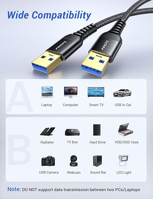 AINOPE USB to USB Cable, USB 3.0 A to A Male to Male Cable [Never Rupture] Double End Type A Cord Compatible with Hard Drive Enclosures, KVM, DVD Player, TV, Laptop Cooler,3.3Ft/Black, 1 Pack