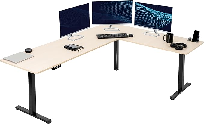 VIVO Corner Standing Desk, 84 x 63 inch Reversible L-Shaped Workstation, Electric Height Adjustment, Home, Office, and Reception Rooms, Light Wood Table Top Black Frame, DESK-E3CTBC-84