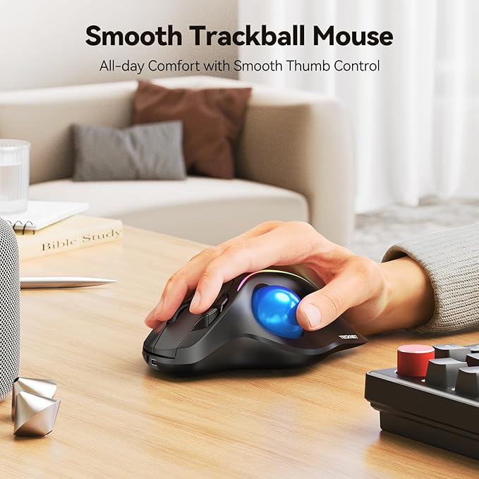 TECKNET Pro Wireless Trackball Mouse, Bluetooth Mouse with Ergonomic Thumb Control, USB-C Rechargeable, RGB Light Mice with Adjustable DPI, 3-Device Connectivity (BT or 2.4G),for PC/Mac/Laptop - Black