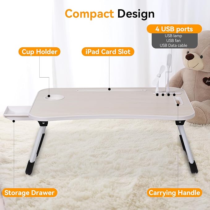 23.6 inch Portable Bed Desk, Folding Lap Desk with 4 USB Ports, Wind Fan, LED Light, Cup Holder and Side Drawer for Working, Reading, Writing, Eating on Bed, Sofa, Floor (Wood)