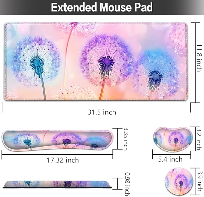 Large Mouse pad and Keyboard Support Set, Ergonomic Memory Foam Keyboard Wrist Rest, Extended Gaming Mouse Pad with Stitched Edges, Colored Dandelions XXL Desk Mat (31.5 X 11.8 in)