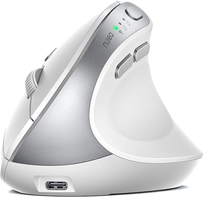 Nulea MD280 Ergonomic Vertical Wireless Mouse - Bluetooth & 2.4G Dual Mode, 4 Adjustable DPI 800/1200/1600/2400, Rechargeable, Silent Clicks, No Lag, 6 Buttons - Perfect for Laptop, Desktop White