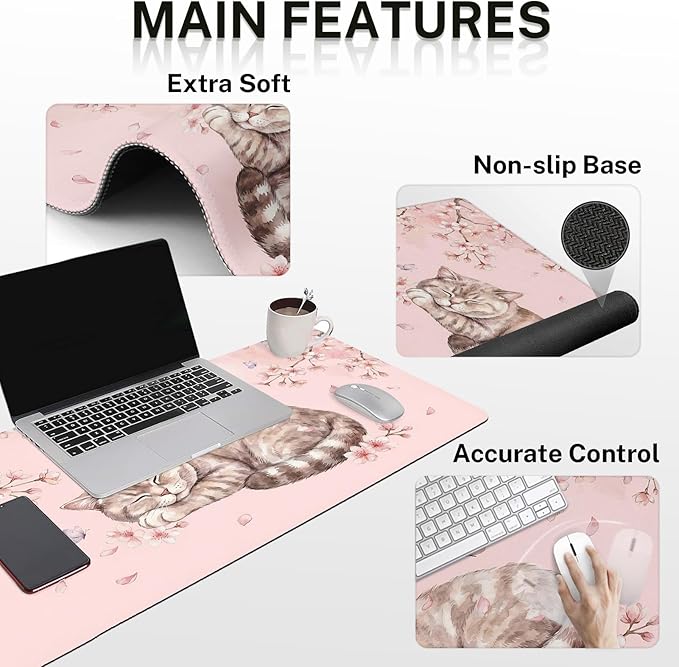 Arttown Cat Pink Floral Desk Mat Kawaii Mouse Pad Set 4 in 1 Ergonomic Design Large Mouse Pad + Keyboard Wrist Rest + Mouse Wrist Rest + Coaster Suitable for Home Office Study Game