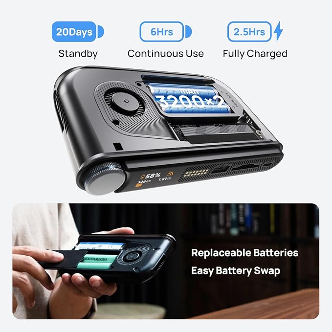 PocketCloud Portable NAS with M.2 NVMe & SD Slots, up to 8TB Capacity (Diskless), One-Click Backup,Supports Wi-Fi 6, LCD Display, App Control, 3200mAhx2 Replaceable Batteries for Outdoor Use
