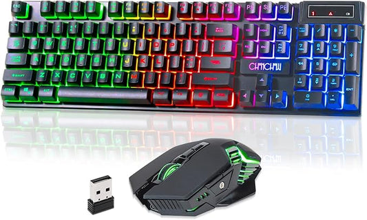 CHONCHOW Wireless Keyboard and Mouse Combo - 2.4G Rechargeable USB Rainbow LED Backlit Wireless Gaming Keyboard,Anti-ghosting Multimedia Keys Mechanical Feel for PC Laptops PS Xbox