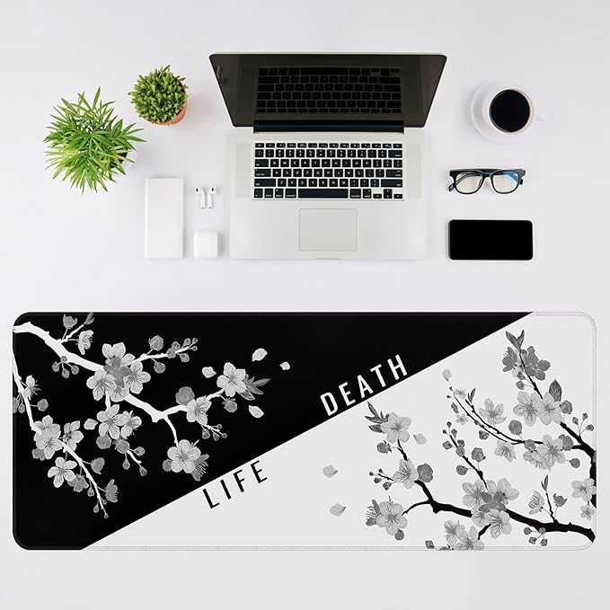 Mouse Pad Gaming Keyboard Pad 31.5 x 11.8 in Gaming Mouse Pad with Anti-Slip Rubber Base and Stitched Edges, Japanese Life Death Keyboard Mat(Black with White Cherry Blossom)