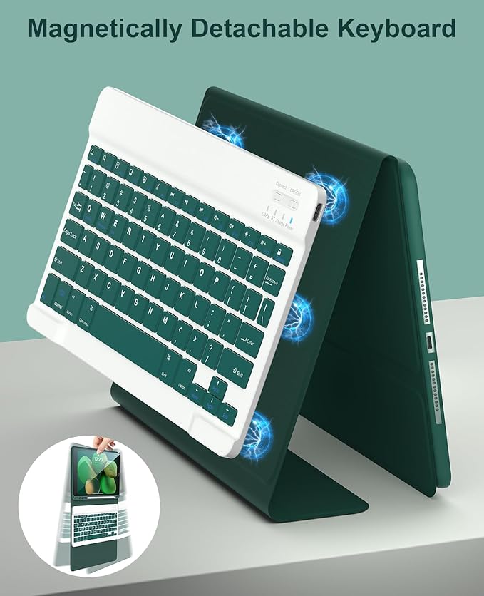 10.2 inch Slim Smart Case iPad 9th Generation Case with Keyboard, Built-in Pencil Holder Folio Stand Cover Detachable Bluetooth Keyboard for iPad Keyboard Case 9th/8th/7th and iPad Pro 10.5" -Green