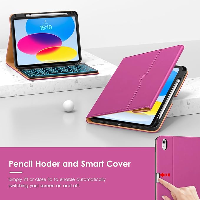 VIKESI Keyboard Case for iPad (A16,2025) 11th Generation/iPad 10th Generation Case (10.9" 2022),Premium Leather Smart Cover,Built-in Breathing Light,Function Row,Pencil Holder,Card Slots - Rose Red