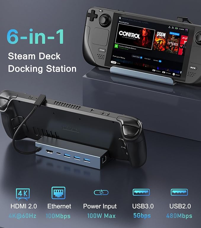Steam Deck Dock, Docking Station for Steam Deck/ROG Ally/Legion Go/MSI Claw/Nitro Deck/Steam Deck OLED, 6-in-1 USB C Dock with HDMI 4K UHD, 100Mbps RJ45 Ethernet, USB 3.0 and PD 100W Charging