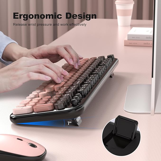 Wireless Keyboard Mouse Combo - Lovely BlackBerry-Gradient Rainbow Full-Sized Typewriter Colorful Keyboards, Round Keycap Plug Play Retro Cute Keyboards for Windows, Laptop, PC, Desktop, Computer