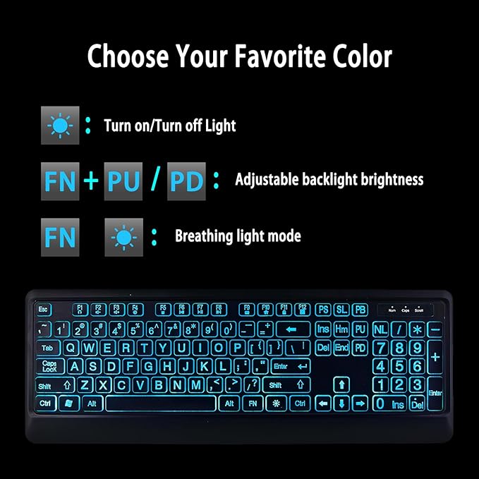 Large Print Backlit Keyboard, Wired Lighted Computer Keyboards with 7-Color Backlight, Light Up Oversize Letter Keys, Foldable Stands, USB Quiet Keyboard for PC, Windows, Laptop (Colorful Backlit)