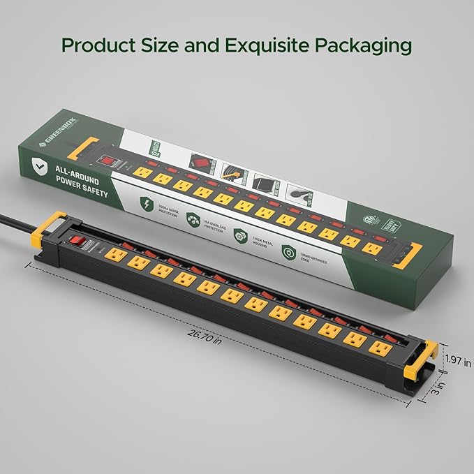 12 Outlet Long Heavy Duty Power Strip with Individual Switches,3300J Surge Protector Metal Power Strip,Wide Spaced,6Ft Cord Managment for School,Garage,Office,Workbench,ETL Listed(15A/1875W)