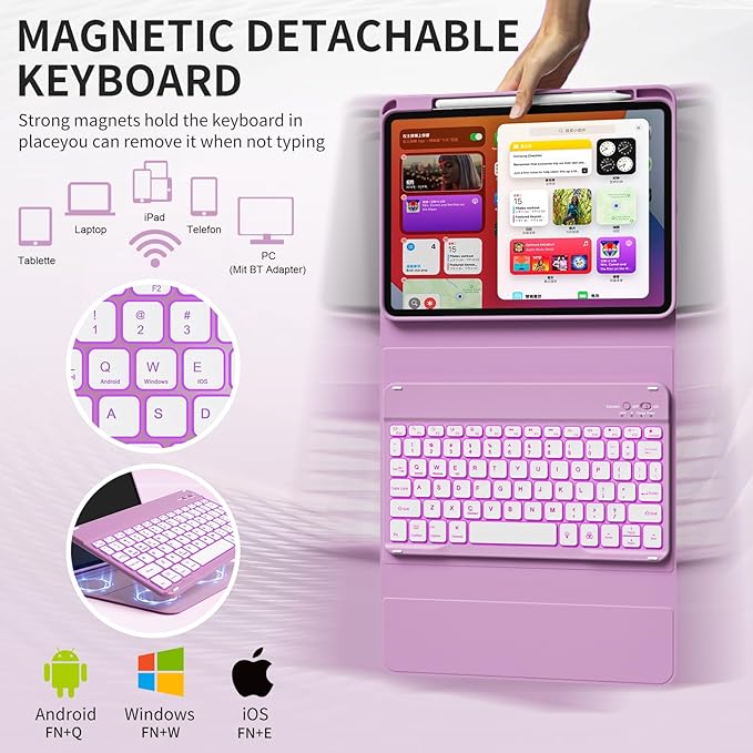 for iPad (A16) 11th Generation 2025 11-inch/10th Generation 2022 10.9 inch with Keyboard, 7 Colors Backlit Square Keycaps, Detachable Wireless Bluetooth Keyboard Case with Pencil Holder, Purple