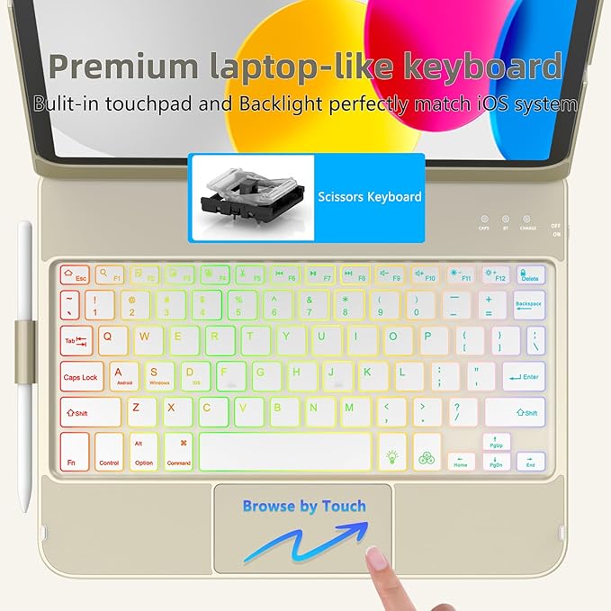 HOTLIFE for iPad A16 11th Generation/10th Generation Case with Keyboard,Touch Keyboard for iPad 11" /10th Gen 10.9 inch 2022-10 Color Backlight, 360° Rotatable Protective Cover (Rock Grey)