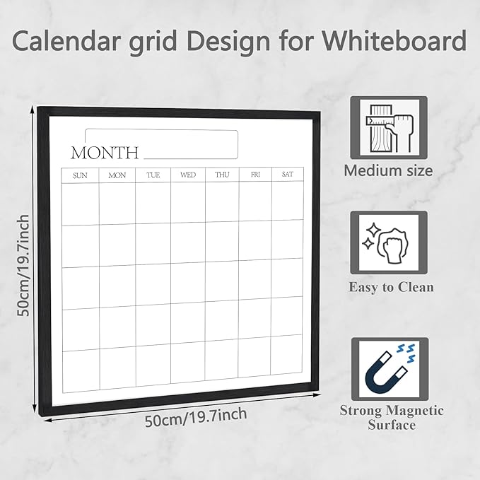 Umtiit Monthly Calendar Dry Erase Whiteboard 19.7 x 19.7 inch(50 x 50 cm), Black Wood Frame, Magnetic Surface Whiteboard for Planning/Schedule/School Timetable/Memo(YLBB-5050BK,US)