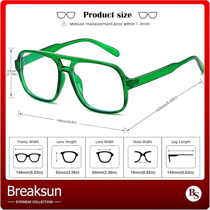 Oversized Square Aviator Glasses for Women Men Big Frame Retro Blue Light Blocking Glasses Vintage Style