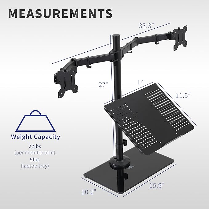 VIVO Freestanding Dual Computer Monitor and Laptop Combo Desk Stand with Glass Base, Fits up to 32 inch Monitors and 17 inch Laptops, Black, STAND-V003FGL