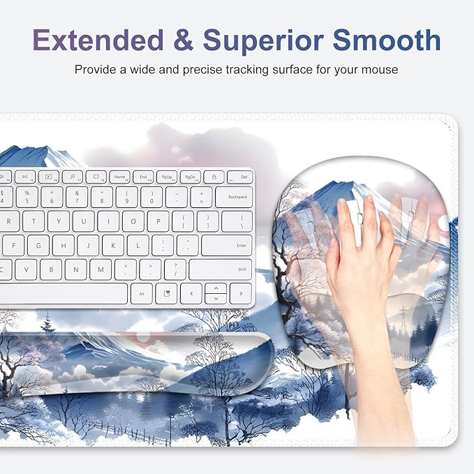 4 in 1 Large Mouse Pad, Keyboard Wrist Rest Set, Ergonomic Mouse Pad with Wrist Support, Desk Mat with Stitched Edges Extended Desk Pad Waterproof Desk Mat for Home Office Game I Snowy Mountain Sun