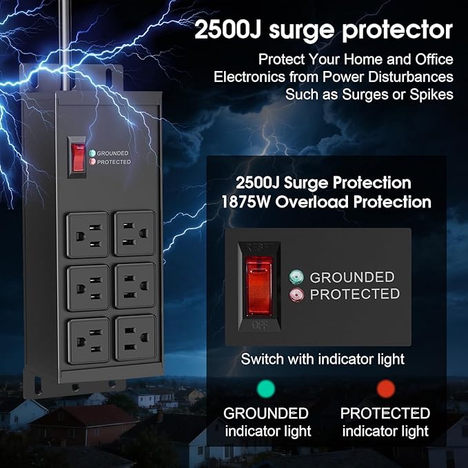 Heavy Duty Power Strip Surge Protector 2500J, 15A 1875W 6 Outlets Extension Cord 6FT 14AWG with Flat Plug, Metal Power Strip for Kitchen Appliances, Workshop, Garage & Office (Black, 6FT)