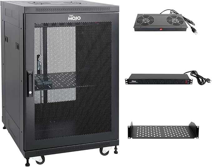 Tecmojo Fully Assembled 18U Network Cabinet AV Rack Enclosure with Casters/Locking Doors with Dual Fan, PDU and Cantilever Shelf (31.5inch DEEP Mesh Door)