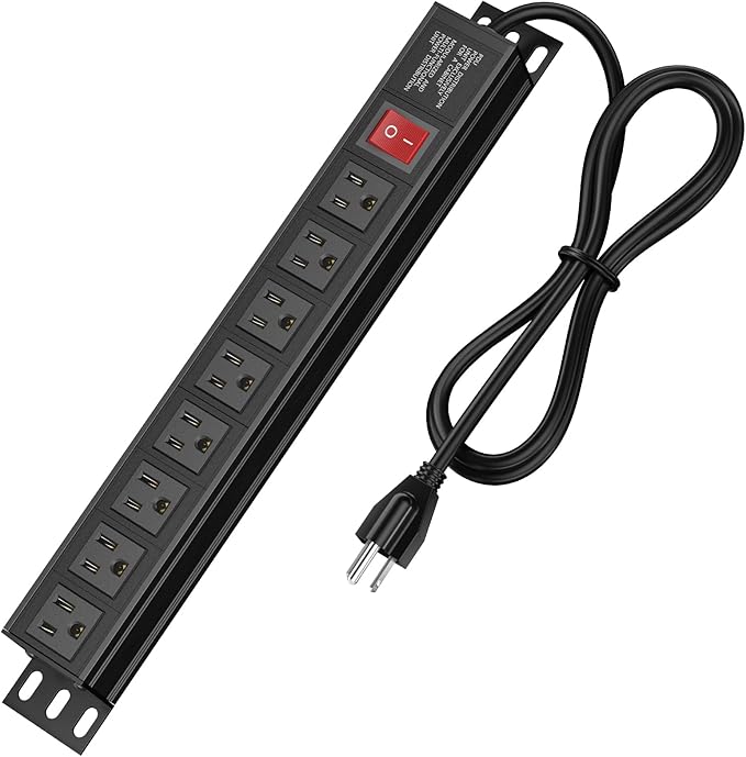 Heavy Duty Power Strip,8 Outlet Metal Power Strip Wall Mount, 1.6 inch Wide Spaced Industrial Surge Protector, Garage Power Strip for Shop Workshop Power Strip with Switch & 6 FT Extension Cord, 300J