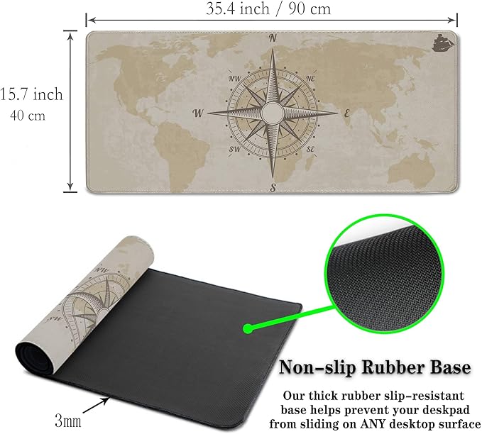 Office Desk Pad Compass Big Desk Mat, Gaming Mouse Pads Long Mousepad, Keyboard Pad Waterproof Non-Slip Rubber Base, 35.4 X 15.7 inch for Work/Game/Office/Home Old World Map Nautical Compass