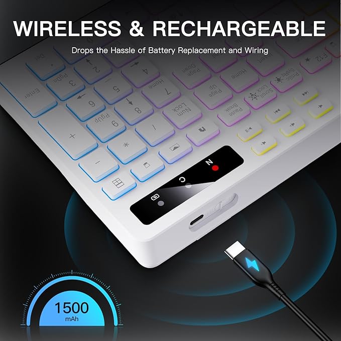 Wireless Keyboard with 7-Color RGB Backlit, Full-Size Computer Keyboard with Phone Tablet Holder, 2.4G Rechargeable Gaming Keyboard with Light Up Keys, Compatible with Mac, Windows (White)