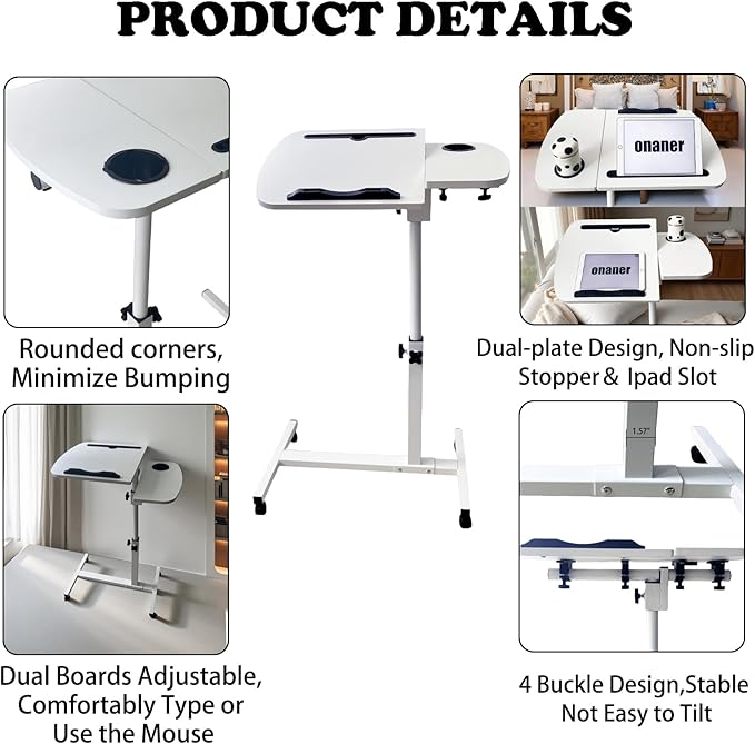 Laptop Table for Couch,Height Adjustable Moving Desk with Wheels & Overbed Tables, Mobile Rolling Computer Cart as Hospital Bed Table for Home Use
