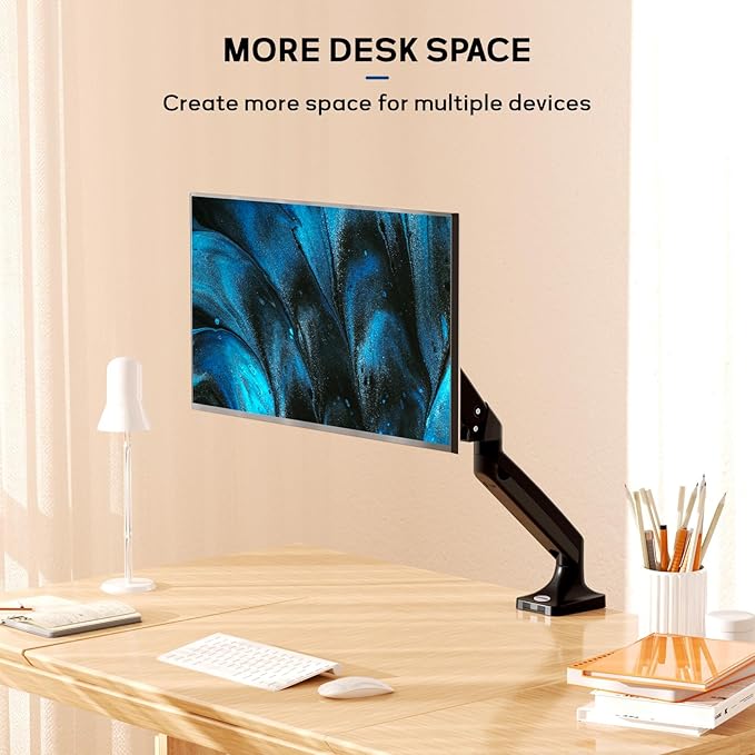 MEASUREMAN Premium Gas Spring Monitor Desk Mount, Full Motion Articulating Single Arm for Ergonomic Height Adjustment | Fits 17 to 35 Inch Screens up to 22 lbs, VESA 75x75 & 100x100mm