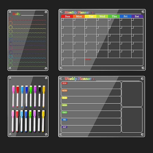 4Pcs Fridge Calendar Set, Clear Magnetic Dry Erase Daily, Weekly, Monthly Planners & Menu Board, w/ 2 Packs of 8 Markers