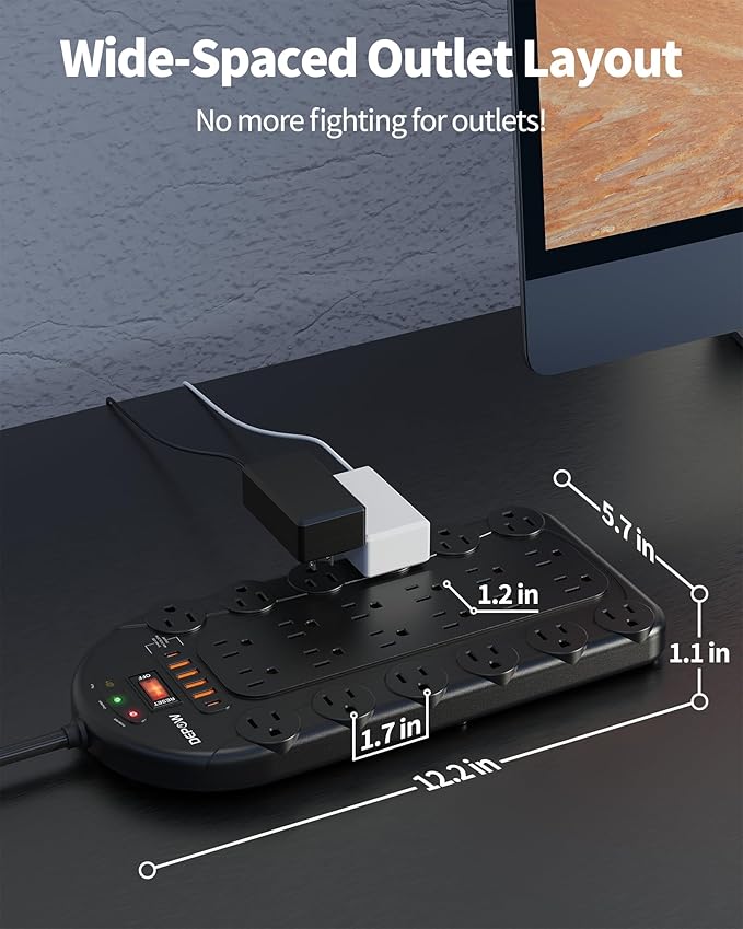 6.5 Ft Power Strip Surge Protector with 24 AC Outlets (1875W/15A) 6 USBs (2 USB-C Ports), 3,400 Joules, Heavy Duty Flat Plug Extension Cord, Wall Mountable for Home, Office, Black, ETL Listed