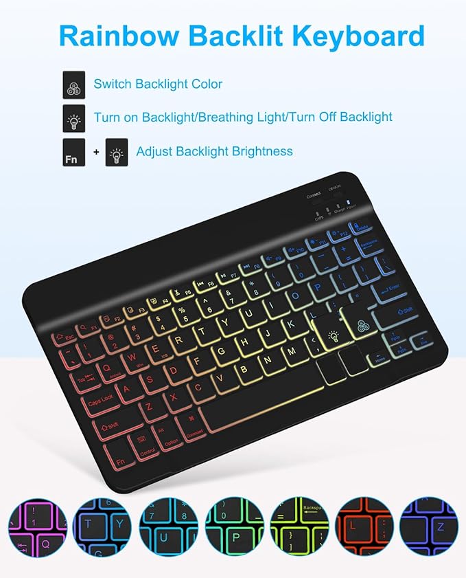 Case with Keyboard Mouse for iPad A16 11th 10th Generation 11/10.9 inch,Rainbow Backlit Detachable Keypad Rotatable Magnetic Cover with Pencil Holder for iPad 11 2025 10 Gen 2022 Black