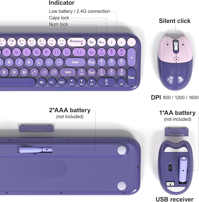 MOFII Wireless Keyboard and Mouse Combo, Compact Typewriter Retro Round Computer Keyboard and Mouse Set, Plug and Play, for Windows, Computer, Desktop, PC, Notebook - (Purple Gradient)