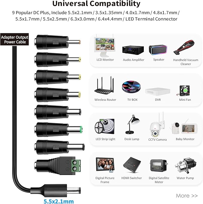 Tonton 12V 3A DC Power Supply 6Ft, 36W AC/DC Charger with 8Tips, AC 100-240V to DC 12Volt 3A 2.8A 2.5A 2.4A 2A 1.5A Connector Adapter for LED Strip, Security Camera, Webcam, Router,UL/CE/FCC Certified