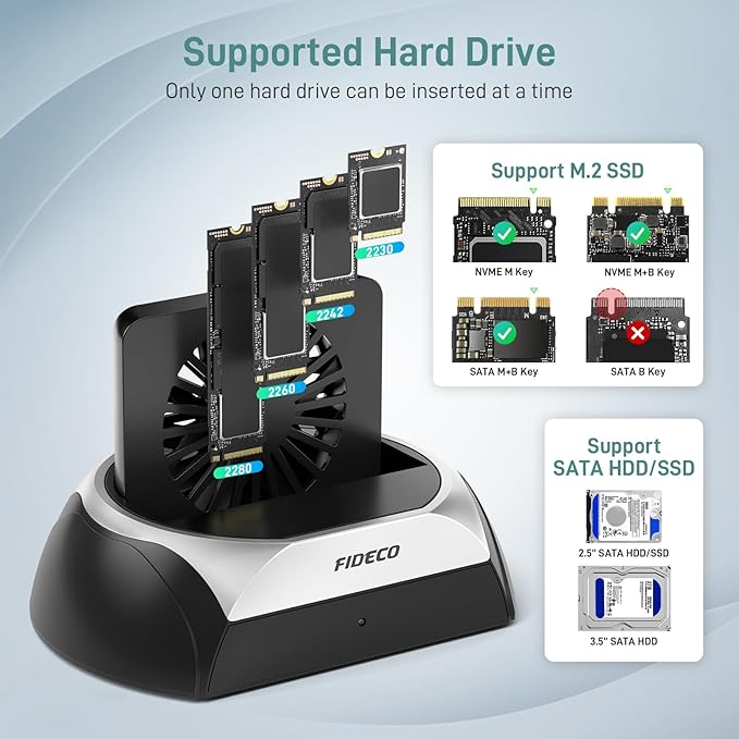 FIDECO Hard Drive Docking Station, M.2 NVMe SSD Docking Station with Cooling Fan, Support 2.5 and 3.5 inch SATA HDD and M.2 NVMe SATA SSD, Ultimate Heat Dissipation