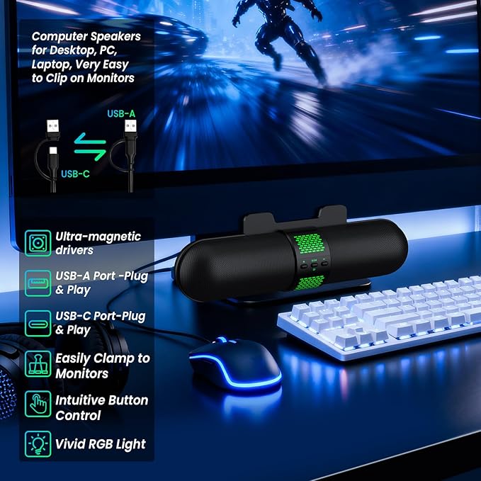 BESTISAN Computer Speaker, Bluetooth 5.3/Wired USB A/C Connection, 6 RGB Light Modes, Gaming Soundbar for PC/Laptop/Desktop, USB A/C Adapter, Loud Sound, Easily Clamps to Monitor, Convenient Controls
