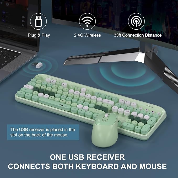 MageGee V920 Wireless Keyboard and Mouse Combo, 2.4G Full-Sized Retro Typewriter Keyboard with Round Keycaps & Auto-Sleep Mode, Cute Computer Keyboard and Cordless Optical Mouse for Laptop/PC (Green)